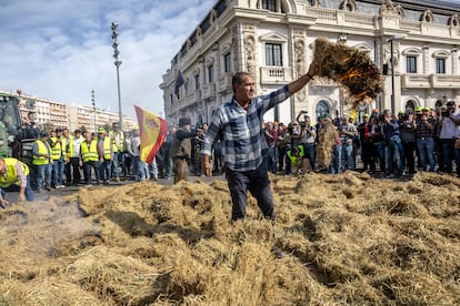 Un agricultor pega fuego este jueves a un montón de paja del arroz frente al edificio del Reloj, a la entrada del puerto de Valencia, durante la tractorada convocada por varias organizaciones agrarias.