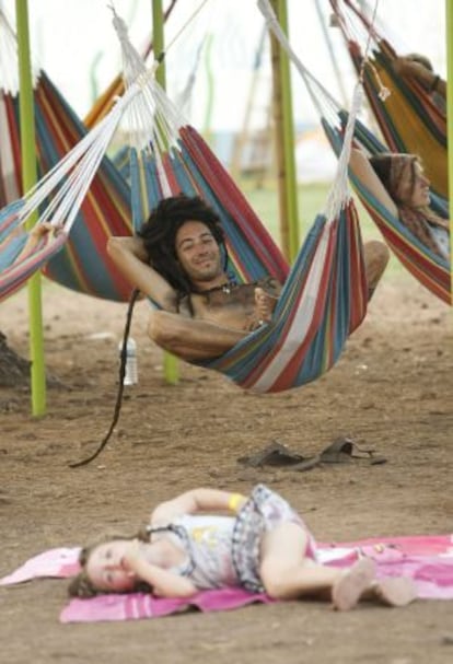 A festivalgoer at this year&rsquo;s Rototom festival relaxes on a hammock. 