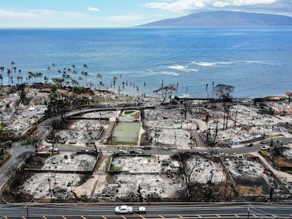 Vista aérea de la zona dañada por el incendio en Lahaina, Hawái, en octubre de 2023.