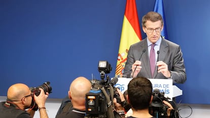 Alberto Nuñez Feijóo hoy viernes durante su comparecencia en la sede del PP.