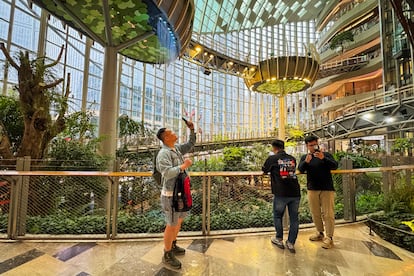 Visitors enjoy the lush, futuristic interior of Chongqing’s The Ring Shopping Park, an innovative mall combining retail with expansive indoor greenery and unique architectural features on November 13, 2024 in Chongqing, China