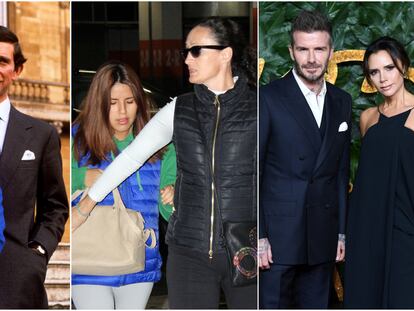 De izquierda a derecha, Jason Sudeikis y Olivia Wilde; la princesa Diana y Carlos de Inglaterra; Isa Pantoja y Dulce Delapiedra; y David y Victoria Beckham.