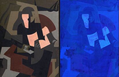 La web Gigapixel del Reina Sofía hace una comparativa de luz visible (izquierda) y luz ultravioleta (derecha) de Femme à la guitare (Mujer con guitarra), pintado en 1917 por María Blanchard.
