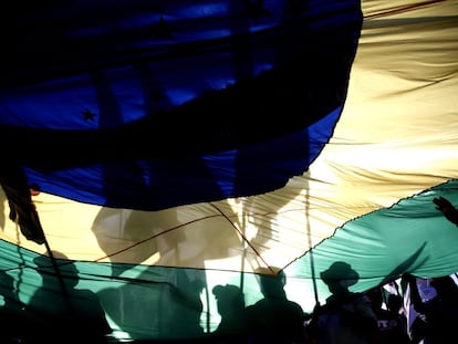 Manifestantes com a bandeira brasileira em Brasília.