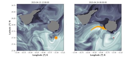 En las imágenes se observan las estructuras dinámicas variables obtenidas con la función M y en amarillo, la mancha de petróleo; en la derecha en el momento del vertido y en la izquierda su evolución.