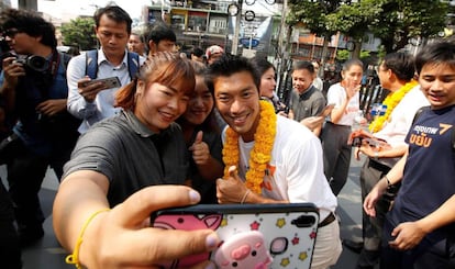 Thanathorn Juangroongruangkit, este miércoles en un mitin en Bangkok.