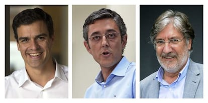 Los candidatos oficiales a secretario general del PSOE, Pedro Sánchez (i), Eduardo Madina (c) y José Antonio Pérez Tapias (d).
