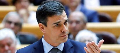 El presidente del Gobierno Pedro Sánchez, durante su intervención en la sesión del pleno del Senado celebrada este martes en Madrid. 