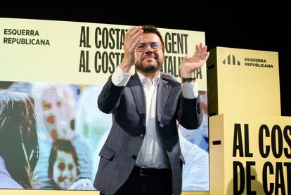 El presidente de la Generalitat y candidato de ERC, Pere Aragonès, durante el mitin de final de campaña en Tarragona.