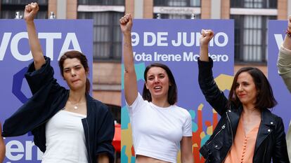 Irene Montero, Ione Belarra e Isa Serra, esta semana en el acto central de Podemos en Barcelona.