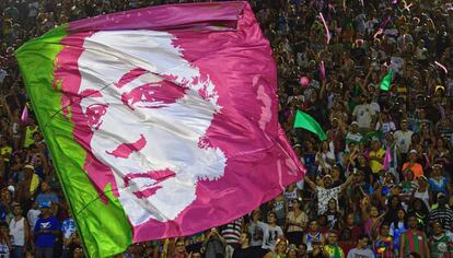 Bandeira com o rosto de Marielle Franco, no dia 5 de março.