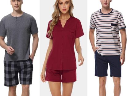 De izquierda a derecha: pijama con estampado de animales de La Redoute, pijama de hombre con pantalón de cuadros, conjunto dos piezas para mujer con camisa y pijama de camiseta a rayas. Los tres últimos modelos a la venta en Amazon