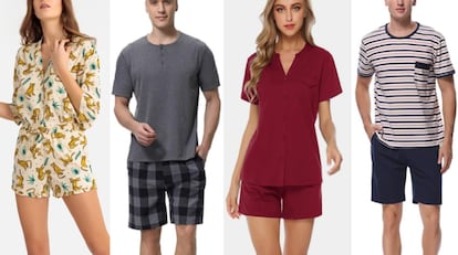 De izquierda a derecha: pijama con estampado de animales de La Redoute, pijama de hombre con pantalón de cuadros, conjunto dos piezas para mujer con camisa y pijama de camiseta a rayas. Los tres últimos modelos a la venta en Amazon