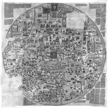 El mapa de Ebstorf, probablemente de 1234, mezcla geografía y religión, hasta el punto de incluir, hacia abajo, los pies de Cristo.