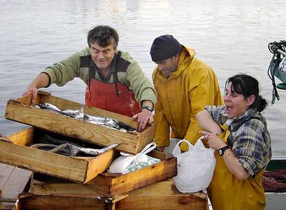 Beatriz Amaral, marinera titulada, junto a dos compañeros a bordo del &#39;Halcón&#39;, cerquero de Portonovo.