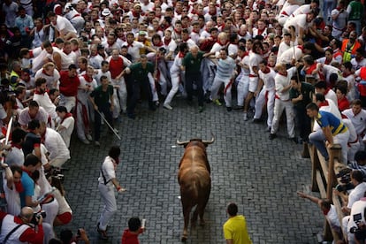 El primer encierro estuvo protagonizado por cinco toros castaños de la ganardería de Alcurrucén.