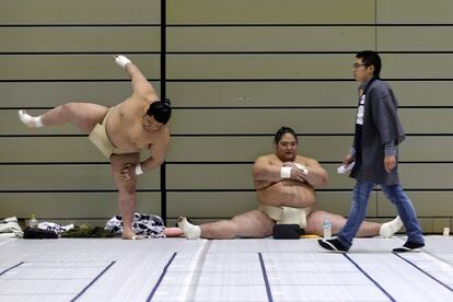 Dos luchadores de sumo esperan su turno durante el Gran Torneo de Sumo celebrado en Himeji (Japón).
