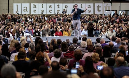 El secretario general de Podemos, Pablo Iglesias, durante un mitin en Valencia, el 17 de abril de 2019.