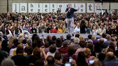 El entonces secretario general de Podemos, Pablo Iglesias, durante un mitin en Valencia, en abril de 2019.