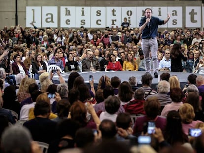 El entonces secretario general de Podemos, Pablo Iglesias, durante un mitin en Valencia, en abril de 2019.