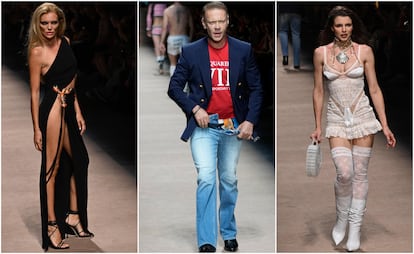 De izquierda a derecha, Esther Cañadas, Rocco Siffredi y Julia Fox en el desfile de Dsquared2 en Milán.