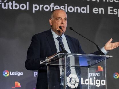 Javier Tebas, este jueves, en la presentación del informe de impacto económico de LaLiga.