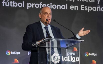 Javier Tebas, este jueves, en la presentación del informe de impacto económico de LaLiga.