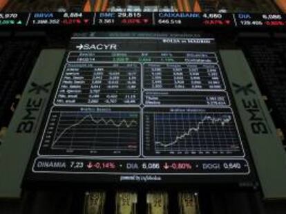 Vista del panel de la Bolsa de Madrid ayer.