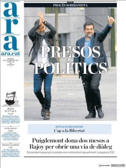 Front page of the 'Ara' newspaper this Wednesday with the headline 'political prisoners'