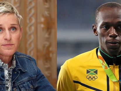 A apresentadora Ellen DeGeneres e o atleta Usain Bolt