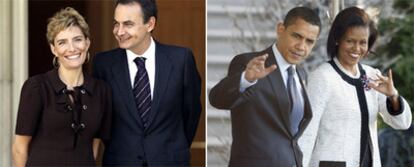 José Luis Rodríguez Zapatero y Sonsoles Espinosa; y a la derecha, Barack Obama y su esposa, Michelle, al dejar ayer la Casa Blanca camino de Londres.