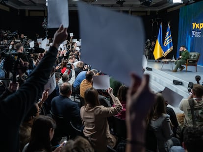 Ukrainian President Volodymyr Zelenskiy addresses the media during a press conference in Kyiv on February 25.