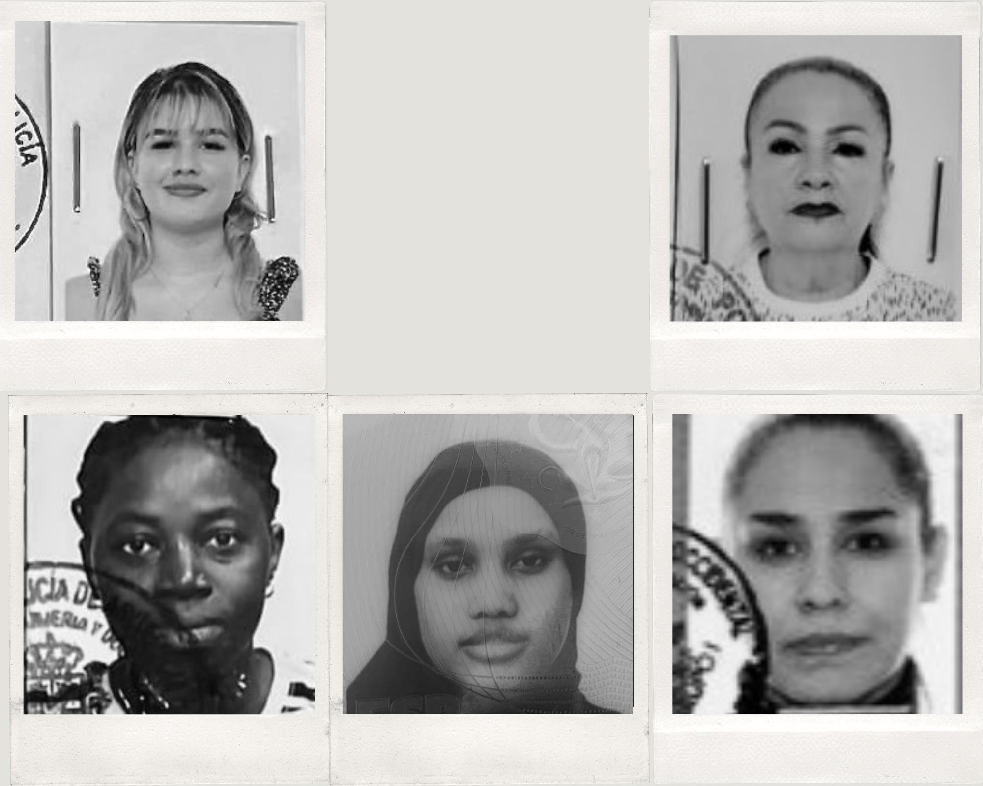 Mujeres refugiadas en España. De izquierda a derecha y de arriba a abajo: Brenda Ceballos, Luz Marina Reina, Madjenin Diakite, Umeyma Hussein Abdullahi y Karmen Morales.