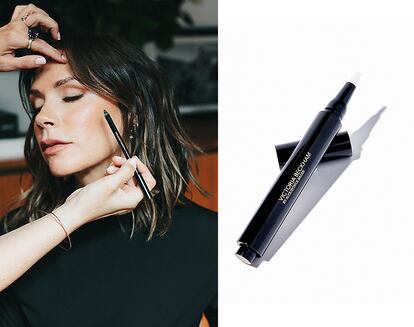 Detalle del maquillaje de la empresaria y primer plano de The Concealer Pen de VICTORIA BECKHAM BEAUTY, desarrollado junto a Augustinus Bader.