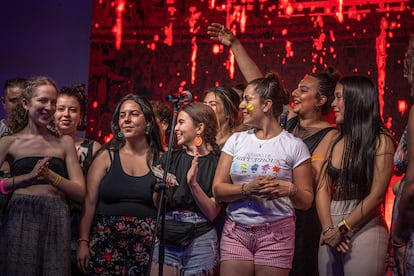 Juliana Hernández with her colleagues from Artemisas during a meeting of leaders in Melgar, Colombia on June 4, 2023.