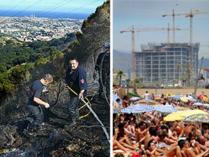 A la izquierda, miembros del equipo de bomberos que trabajaron en el incendio que ayer por la tarde se declaró en la sierra de Collserola, en Barcelona, y que quemó entre cuatro y cinco hectáreas. <b>A la derecha, imagen de la playa de la Nova Mar Bella, ayer, con las obras del Fòrum al fondo.</b>