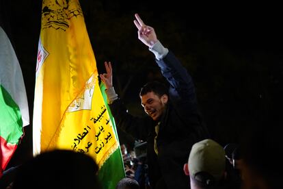 A Palestinian prisoner is greeted as he leaves an Israeli jail on Tuesday night.