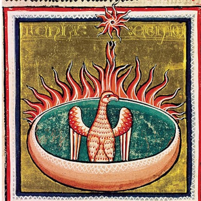 'El ave fénix arde en su nido'. Miniatura del <i>Bestiario de Oxford</i> (siglo XIII, Universidad de Oxford).