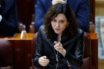 La presidenta de la Comunidad de Madrid, Isabel Díaz Ayuso, este miércoles en la Asamblea.