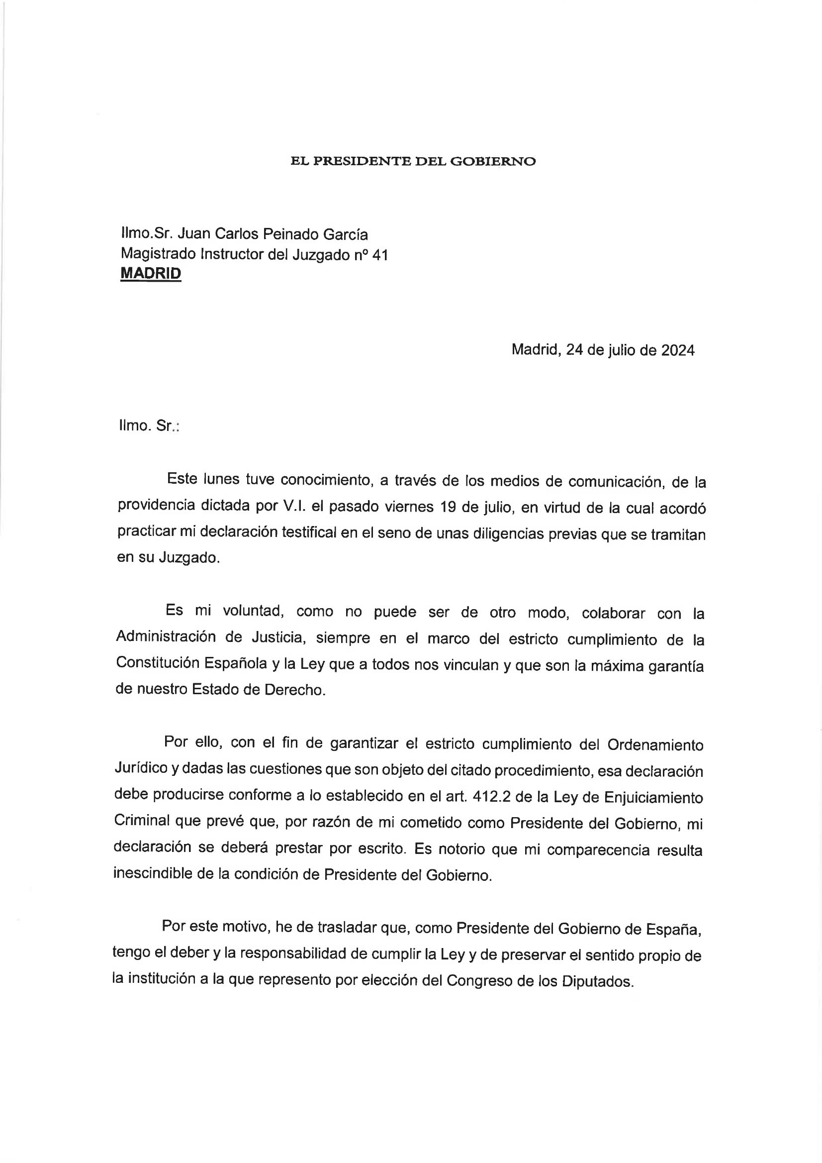 Pedro Sánchez recuerda al juez Peinado que tiene derecho a declarar por escrito