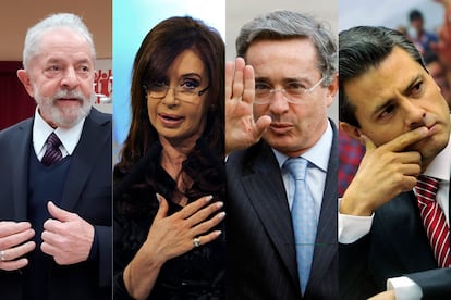 De esquerda para a direita, os ex-presidentes Lula, Cristina Fernández, Álvaro Uribe e Enrique Peña Nieto.