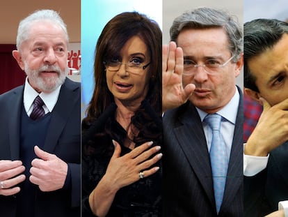 De izquierda a derecha, los expresidentes latinoamericanos Lula Da Silva, Cristina Fernández, Álvaro Uribe y Enrique Peña Nieto.