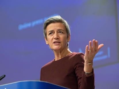 Margrethe Vestager, vicepresidenta ejecutiva de la Comisión Europea, este jueves en Bruselas durante una rueda de prensa