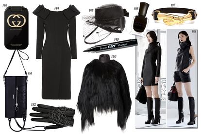 143. Gucci Loción corporal “Guilty”. 144. Bottega Veneta Vestido con plisados en los hombros. 145. Dsquared2 Gorra de piel con rejilla. 146. Deborah Lippmann Laca de uñas “Fade to Black”. 147. Bimba & Lola Cinturón con brazos dorados. 148. & Other Stories. 149. NYX Eyeliner “Super Fat”. 150. Givenchy Chaqueta de pelo largo. 151. Pelayo Díaz para Davidelfin Bolso de piel con dobles asas. 152. Chanel Guante de piel con cadenas.