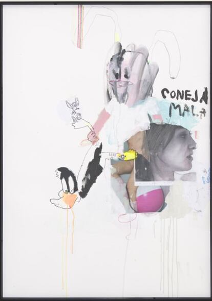 'Coneja mala', 2013. Acrílico, lápiz, rotulador, bolígrafo, cinta de carrocero, cinta americana y collage sobre papel enmarcado