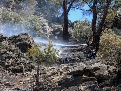 Labores de extinción en el incendio del pantano de San Juan, en la Comunidad de Madrid.