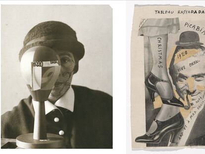 A la izquierda: Retrato de sophie Taeuber con su cabeza Dada. A la derecha Un corta y pega impreso en papel con tinta. Dadaglobe sumisi&oacute;n.