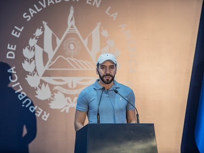 Nayib Bukele at a press conference at the Sheraton hotel in San Salvador, El Salvador.