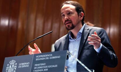 El vicepresidente Pablo Iglesias en un acto en Madrid, este miércoles.