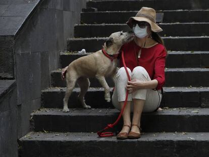 Una mujer, con mascarilla, junto a su perro, en Ciudad de México. 